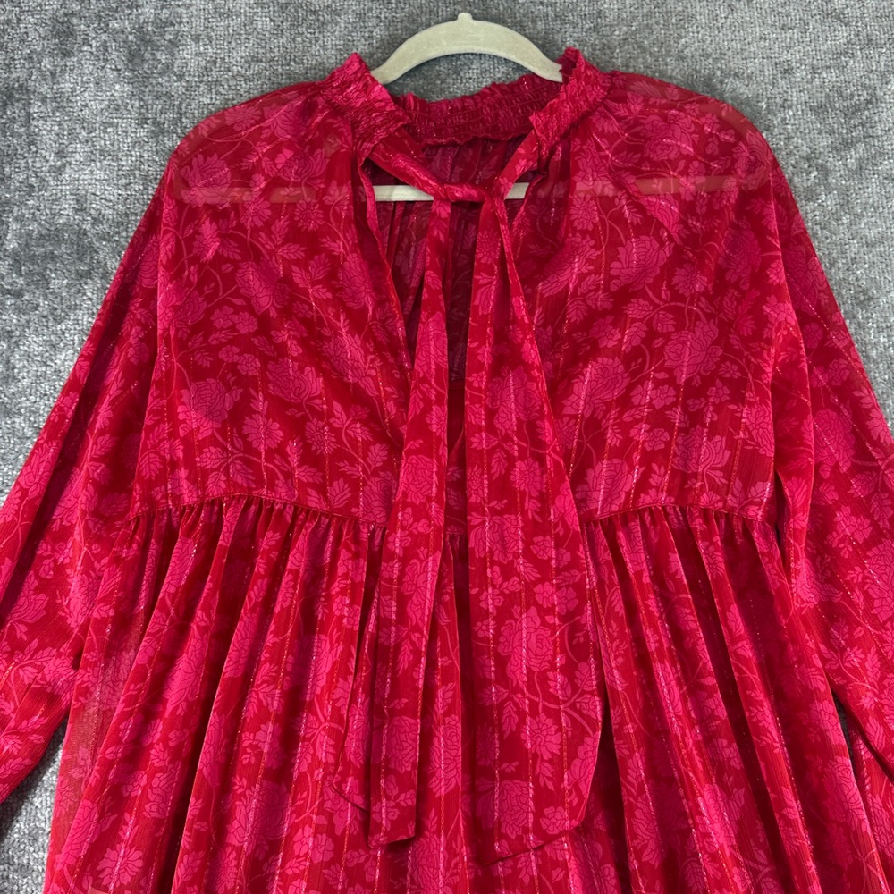 NWT On 34th Long Sleeve Midi Dress Red Floral Tiered Womens M Valentine - Picture 12 of 14